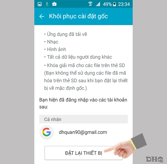 Chọn đặt lại thiết bị
